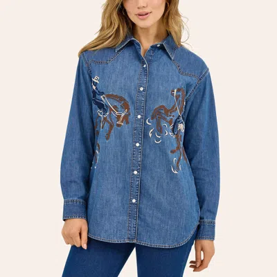 Wrangler Retro Women's Medium Wash Bronc Rider Embroidered Denim Shirt In Blue