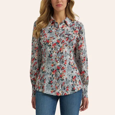 Wrangler Retro Women's Multicolor Floral Print Balloon Sleeve Pearl Snap Western Shirt