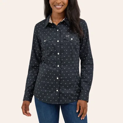 Wrangler Retro Women's Navy Horseshoe Print Long Sleeve Pearl Snap Western Shirt In Blue