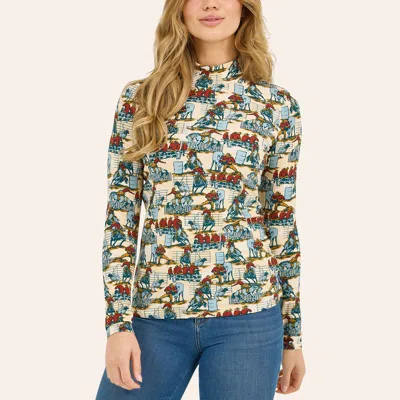 Wrangler Retro Women's Ribbed Rodeo Print Mock Turtleneck Top In Multi