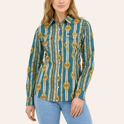 Wrangler Retro Women's Teal Aztec Print Long Sleeve Pearl Snap Western Shirt In Multi