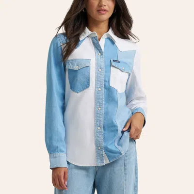 Wrangler Retro Women's White & Light Wash Color Block Denim Long Sleeve Pearl Snap Western Shirt In Multi