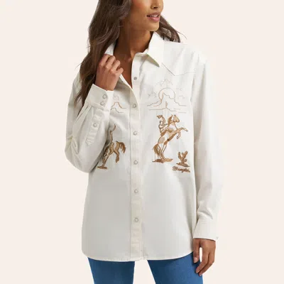 Wrangler Retro Women's White Embroidered Boyfriend Long Sleeve Pearl Snap Western Shirt