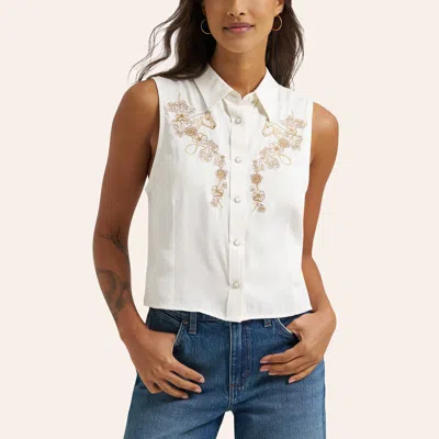 Wrangler Retro Women's White Floral Horse Embroidered Sleeveless Pearl Snap Shirt