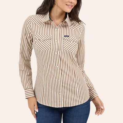 Wrangler Retro Women's White Pinstripe Print Long Sleeve Pearl Snap Western Shirt In Brown