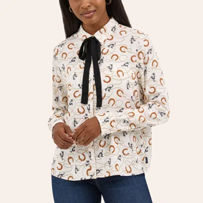 Wrangler Retro Women's White Spurs & Horseshoes Print Tie Front Blouse