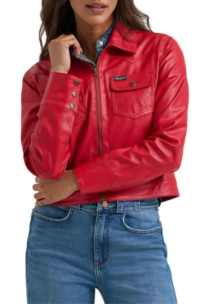 Wrangler Slim Seamed Faux Leather Jacket In Red