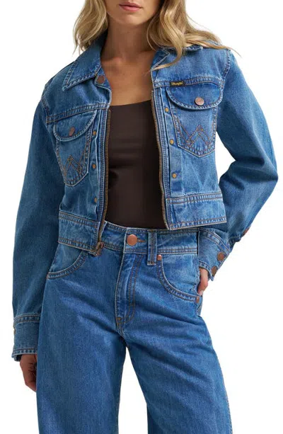 Wrangler Super Cropped Denim Jacket In Blue