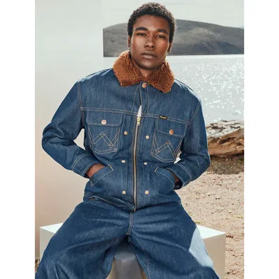 Wrangler Super  Men's Sherpa Lined Denim Jacket In Super Raw In Blue - Dark