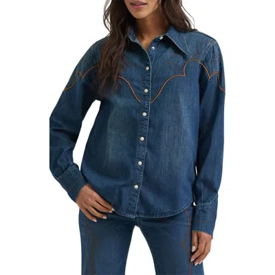 Wrangler Tess Dramatic Collar Western Denim Shirt In Saloon Shadow