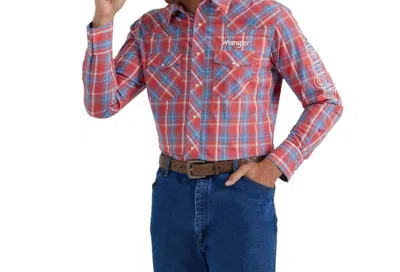 Wrangler Western Logo Plaid Button Down Shirt In Red In Pink