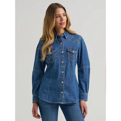 Wrangler Women's Barrel Sleeve Denim Western Snap Shirt In Denim In Blue