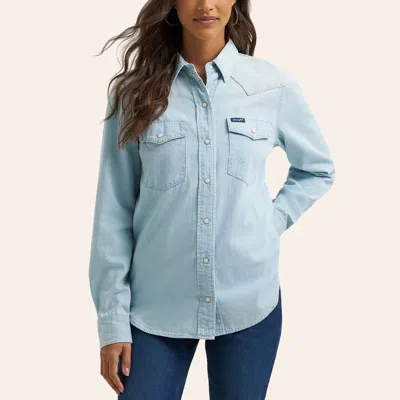 Wrangler Women's Bleached Denim Long Sleeve Pearl Snap Western Shirt In Blue