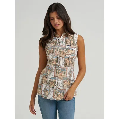 Wrangler Women's Bold Print Sleeveless Western Snap Shirt In Cream In White