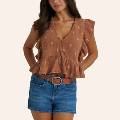 Wrangler Women's Gauzy Flutter Sleeve Blouse In Brown