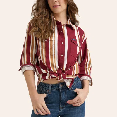 Wrangler Women's Brushpopper Burgundy Stripe Print Long Sleeve Pearl Snap Western Shirt