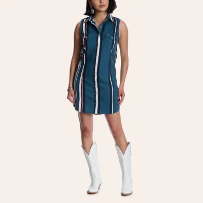 Wrangler Women's Brushpopper Teal Stripe Print Pearl Snap Mini Western Shirt Dress