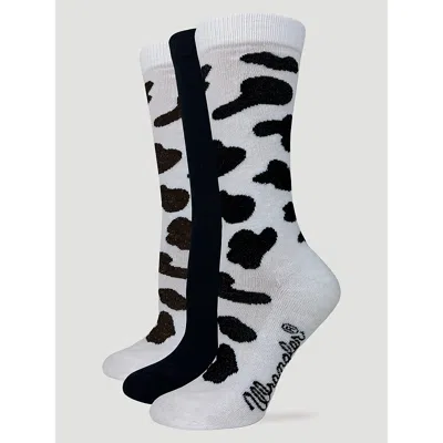 Wrangler Women's Cow Print Crew Sock (3-pack) In White/black