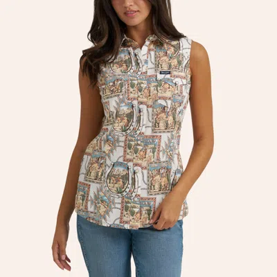 Wrangler Women's Bold Print Sleeveless Western Snap Shirt In Cream In White