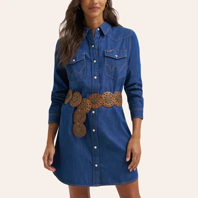 Wrangler Women's Dark Wash Denim Relaxed Long Sleeve Pearl Snap Western Shirt Dress In Blue
