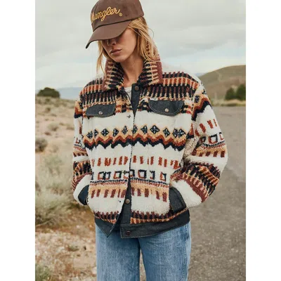 Wrangler Women's Denim Sherpa Fair Isle Jacket In Cream In Brown