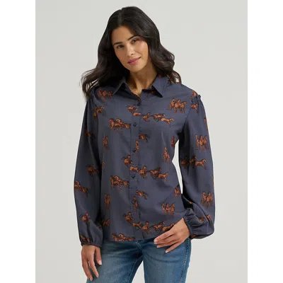 Wrangler Women's Drapey Sleeve Button Up Blouse In Blue In Animal Print
