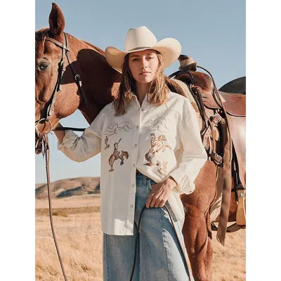 Wrangler Women's Embroidered Boyfriend Western Snap Denim Shirt In Cream In White