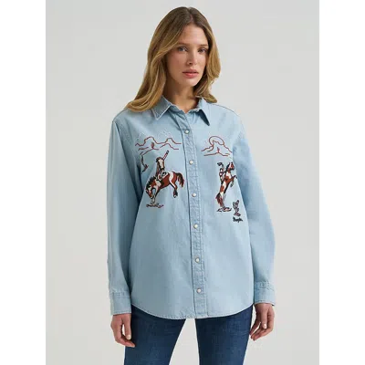 Wrangler Women's Embroidered Boyfriend Western Snap Denim Shirt In Denim Blue