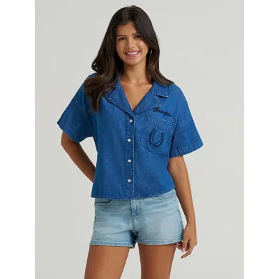 Wrangler Women's Embroidered Denim Camp Shirt In Mid Denim In Blue
