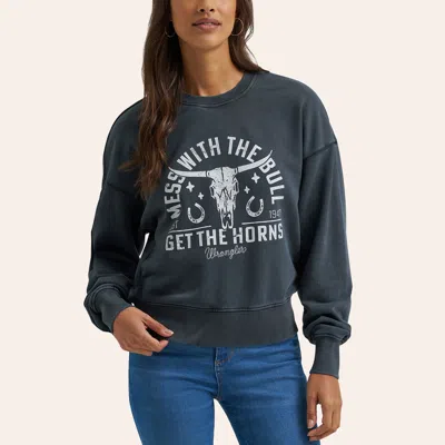 Wrangler Women's Gray Mess With The Bull Graphic Terry Sweatshirt In Blue