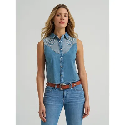 Wrangler Women's Horseshoe Sleeveless Denim Snap Shirt In Blue