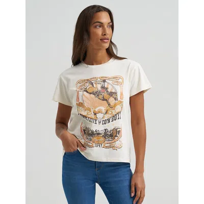 Wrangler Women's Long Live Cowboys Antique Retro Regular Fit Tee In Egret In White
