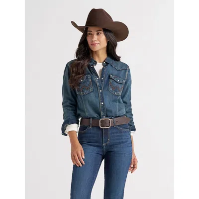 Wrangler Women's Long Sleeve Western Snap Denim Top In Denim