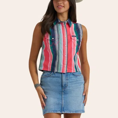 Wrangler Women's Multicolor Stripe Print Sleeveless Pearl Snap Western Shirt