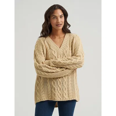 Wrangler Women's Oversized V-neck Cable Sweater In Oatmeal In Multi