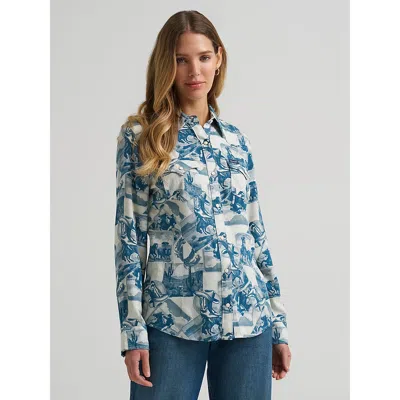 Wrangler Women's Reverie Vintage Fit Western Snap Shirt In Blue In Animal Print