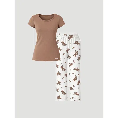 Wrangler Women's Short Sleeve Pajama Set In White/brown In Multi