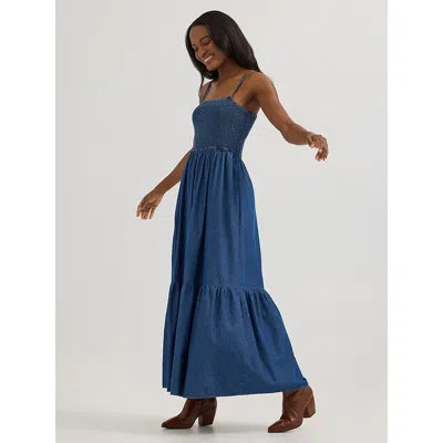 Wrangler Women's Smocked Bodice Denim Maxi Dress In Midnight In Blue
