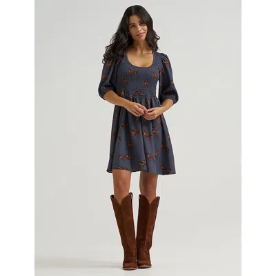 Wrangler Women's Smocked Puff‑sleeve Babydoll Dress In Blue