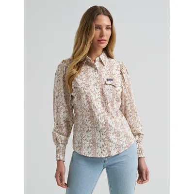 Wrangler Women's Smocked Sleeve Western Snap Blouse In White In Multi