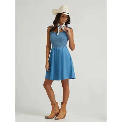 Wrangler Women's Tie Denim Smocked Dress In Mid Denim In Blue