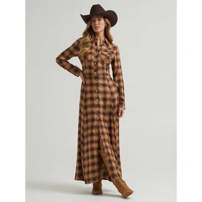 Wrangler Women's Western Flannel Maxi Shirt Dress In Brown In Animal Print