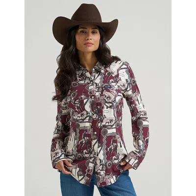 Wrangler Women's  Bold Bucking Cowboy Sierra Snap Shirt In Burgundy