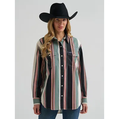 Wrangler Women's  Brushpopper Boyfriend Western Snap Shirt In Black Stripe