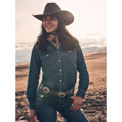 Wrangler Women's  Classic Western Snap Denim Shirt In Dark Denim In Blue
