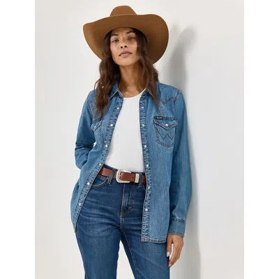 Wrangler Women's  Classic Western Snap Denim Shirt In Mid Denim In Blue