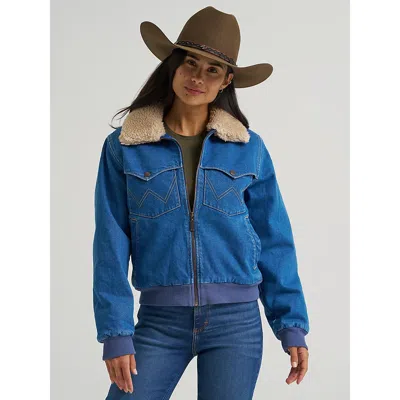 Wrangler Women's  Denim Sherpa-lined Bomber Jacket In Denim In Blue - Medium