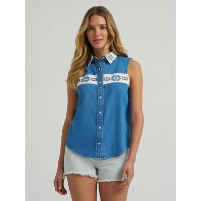 Wrangler Women's  Embellished Denim Sleeveless Snap Shirt In Mid Denim