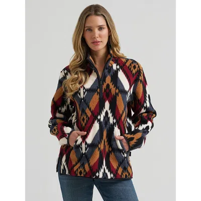 Wrangler Women's  High Plains Sherpa Zip Pullover In Indigo Chevron In Blue
