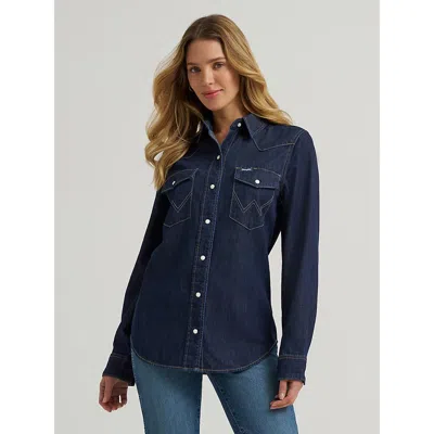 Wrangler Women's  Iconic Western Snap Denim Shirt In Dark Denim